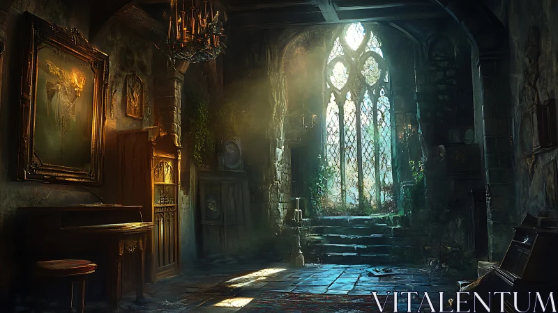 Interior of aged stone hall with tall stained glass window.