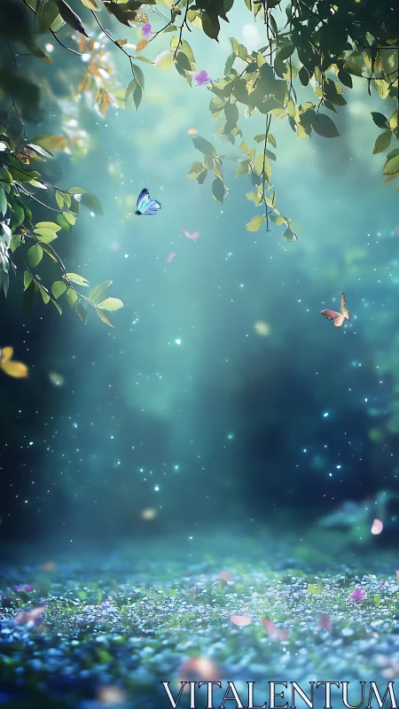 Ethereal butterflies drift through luminescent forest haze