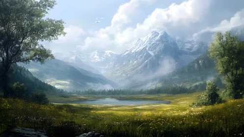 Snow crowned mountains whisper over a sunlit meadow lake