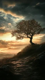 Lonely hilltop tree against dramatic sunset sky.