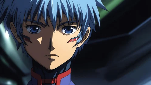 Blue-haired anime pilot gazes ahead with stoic resolve.