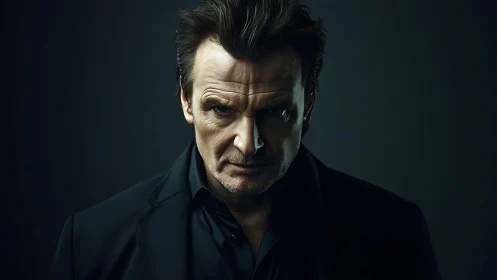 Moody studio portrait of older man in dark formal clothing.