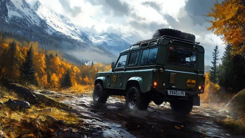 Off-road utility vehicle drives through wet alpine forest