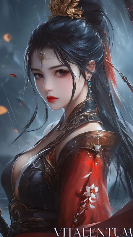 Warrior empress gazes through stormlit dusk in crimson armor.