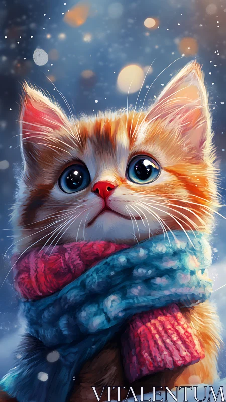 Orange and White Cat Wearing Knit Scarves. Winter Setting.