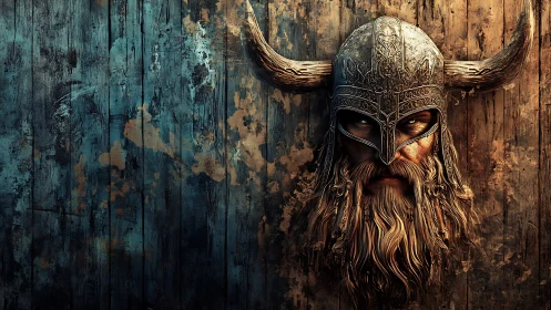 Viking warrior portrait against weathered split-tone timber wall.