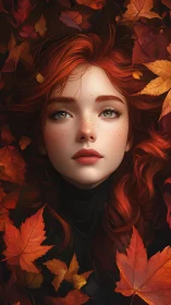 Autumn kissed redhead rests softly in a bed of warm leaves