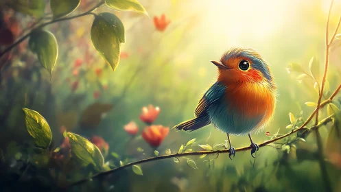 Whimsical Illustration of a Colorful Bird on a Sunlit Branch.