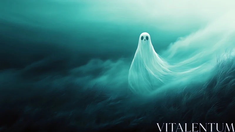 Small spectral figure in teal atmospheric landscape scene.