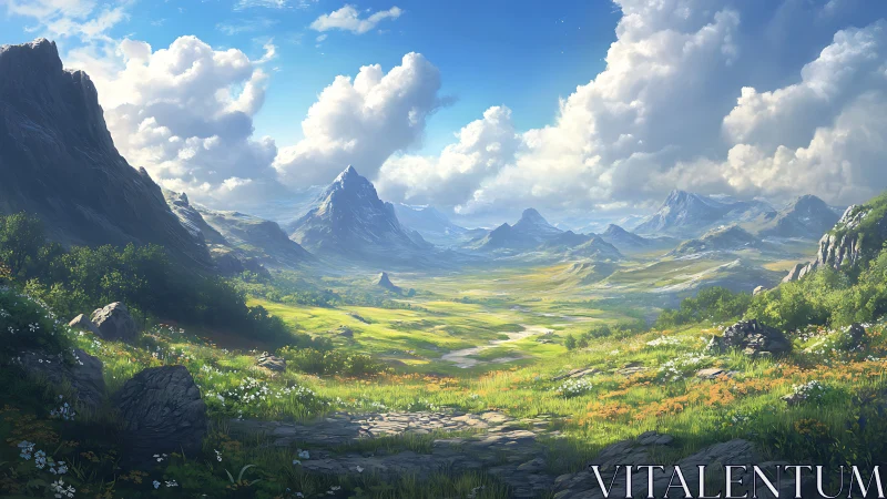 Expansive mountain valley rendered with high-depth atmospheric perspective