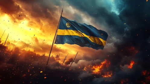 Defiant Blue & Gold Flag Blazes Through Apocalyptic Inferno.