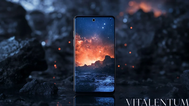 Smartphone with cosmic landscape display in dark rocky scene.
