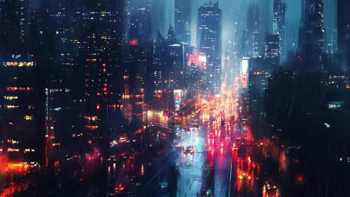 Rain-soaked city street glows with dense neon traffic lights