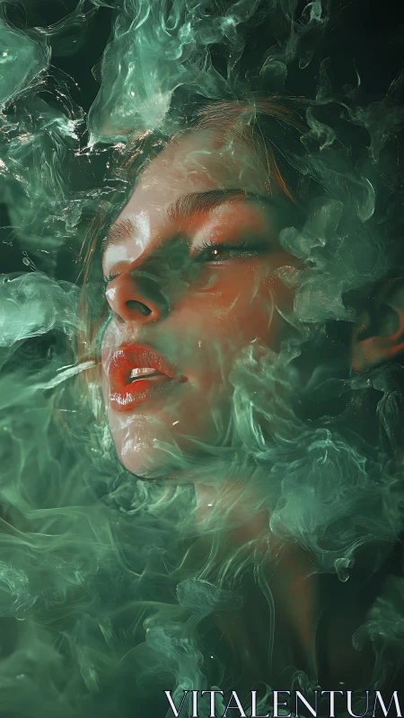 Female face is partially obscured by dense green vapor
