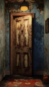 Decayed wooden door in moody corridor with warm top light.