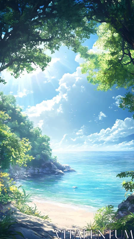 Sunlit tropical cove with clear water framed by dense trees