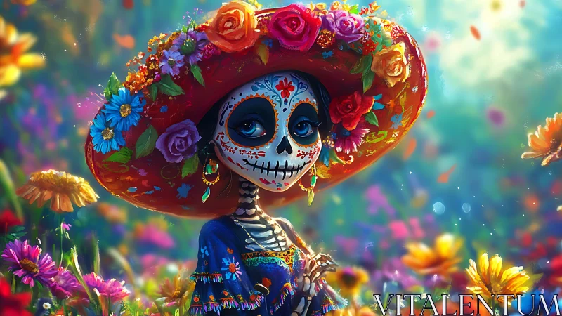 Calavera girl radiates color in lush D&iacute;a de Muertos garden.