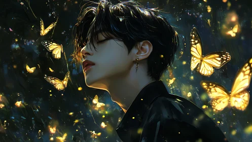 Young figure with glowing butterflies in night forest.