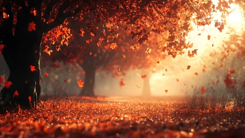Backlit autumn trees frame a leaf-strewn forest path in haze