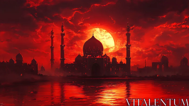 Crimson palace silhouette against blazing sunset sky.