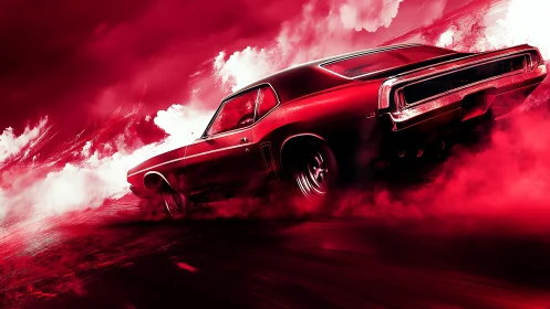 Muscle car powerslide in red monochrome motion field.