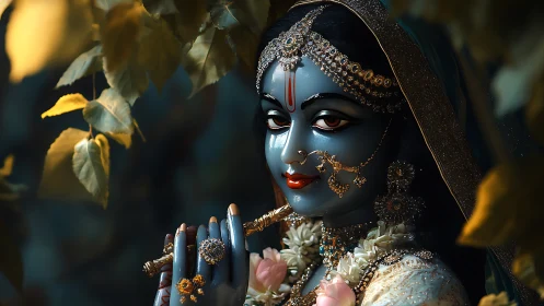 Divine blue-skinned deity portrait with jeweled flute and garlands.