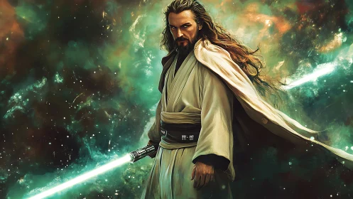 Jedi-style warrior holds glowing blade in nebula setting