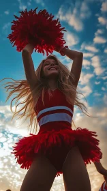 Sunlit cheerleader leaping against a wide open evening sky.