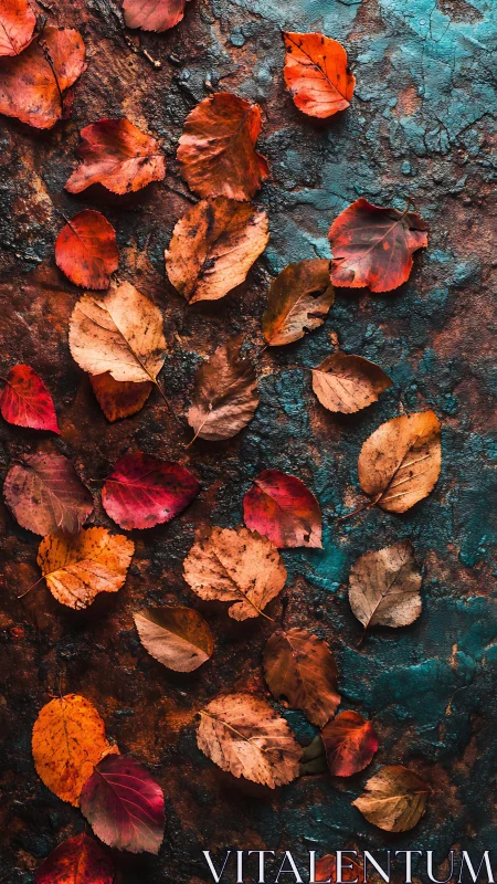 Rust-lit autumn leaves dancing across teal stone canvas.