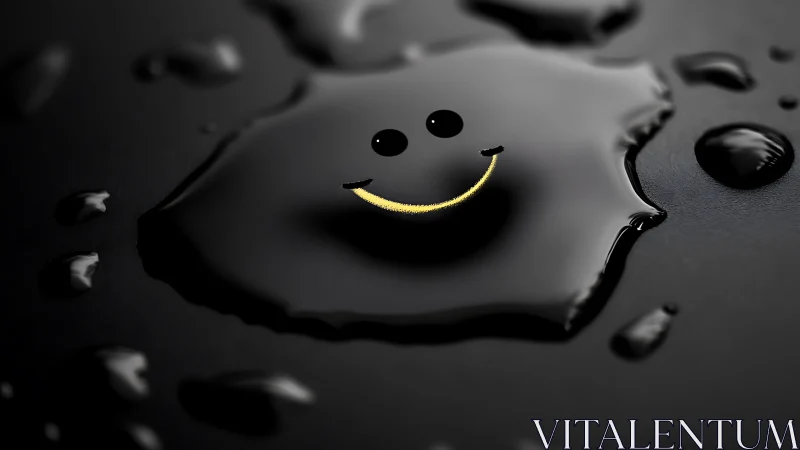 Liquid smiley face in glossy black puddle on dark surface.