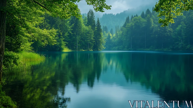 Misty forest lake mirrors deep green pines at sunrise.