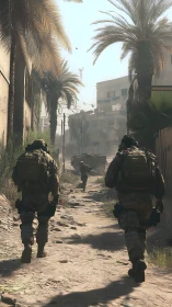 Tactical infantry column advancing through sunlit urban corridor.