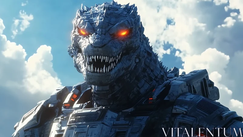 3D mechanized kaiju portrait under high-contrast daylight sky.