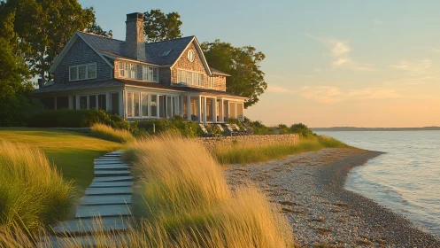 Waterfront Haven: A Coastal Home's Golden Hour Welcome.
