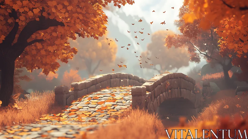 Stone arch bridge crosses autumn stream amid volumetric fog