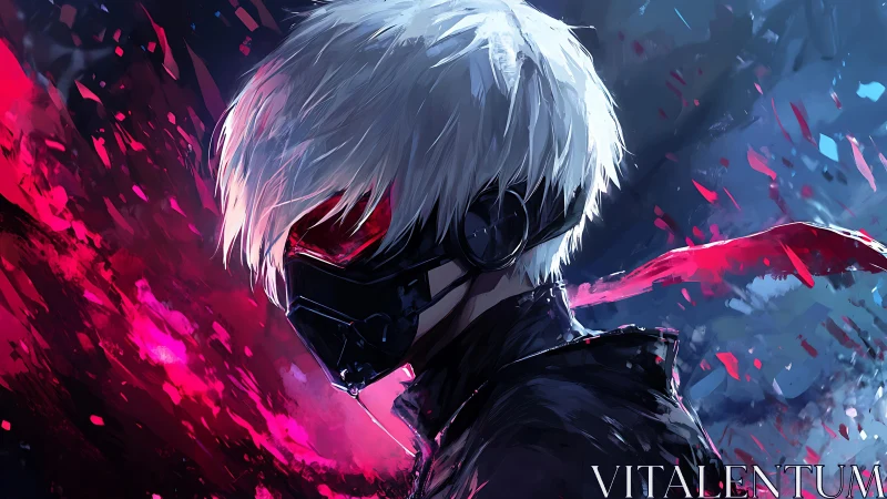 Masked white‑haired antihero amid crimson energy shards.