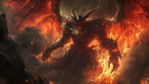 Volcanic infernal titan emerging from incandescent firestorm.