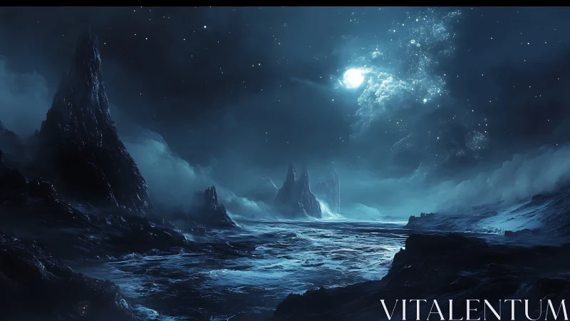 Moonlit alien seascape shows jagged spires and rough surf