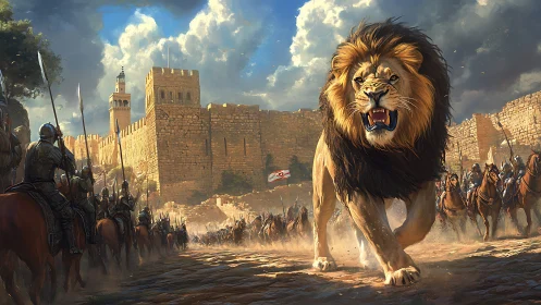 Epic fantasy siege with charging lion vanguard before citadel walls.
