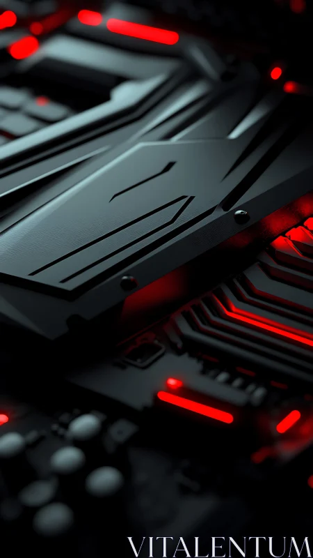 Dark circuit board surface with red illuminated accents