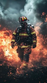 Firefighter advances through inferno with tactical gear.