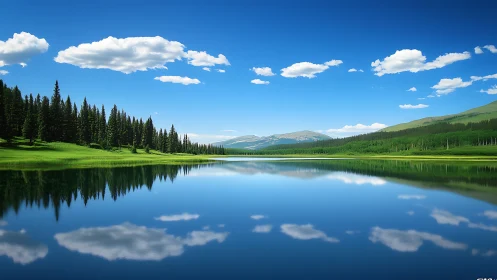 Mirrorlike mountain lake under vivid summer sky reflection.