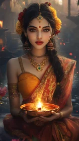 Digital portrait of woman with diya in ornate festive attire