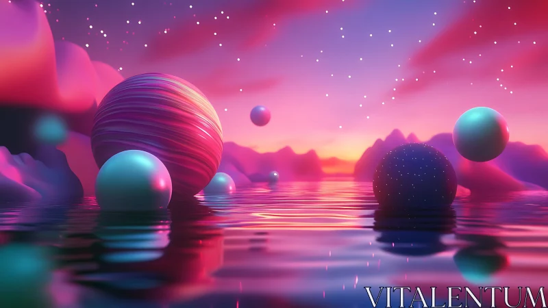 Floating neon spheres drift over a dreamy cosmic lagoon