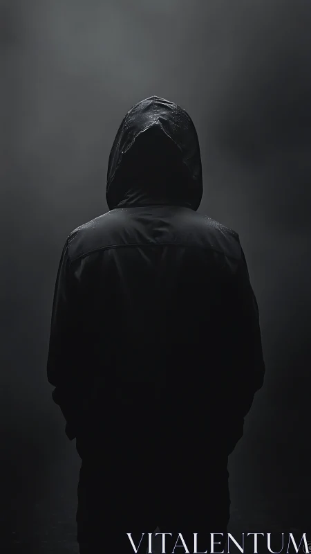 Hooded figure stands alone in dark misty low key lighting