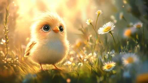 Fluffy Chick in Sunlit Daisy Meadow