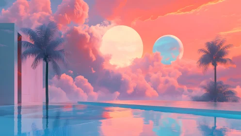 Twin moons drift above a neon pastel infinity pool dreamscape.