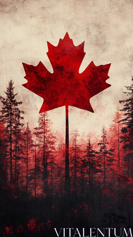 Maple-crowned giant rises from a crimson northern forest sky