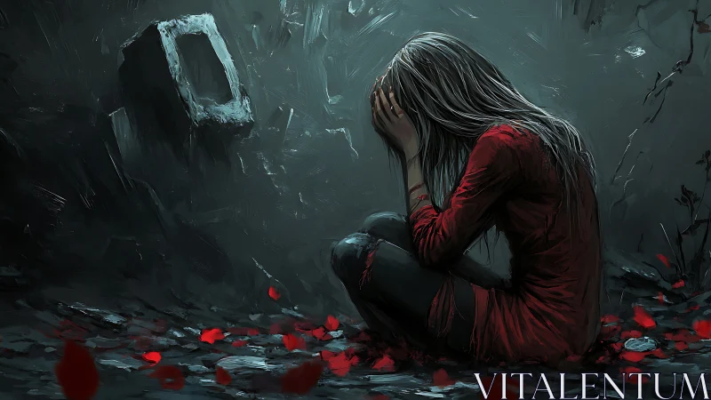 Solitary figure in red amid debris and scattered petals at dusk.