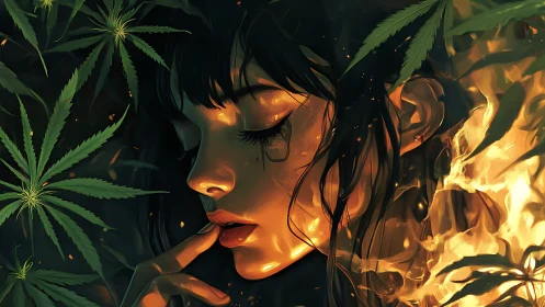 Fiery cannabis muse rendered in cinematic digital chiaroscuro.